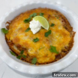 Effortless Five-Ingredient Mexican Casserole 3 Close-up of a delicious Five-Ingredient Mexican Casserole in a round baking dish.