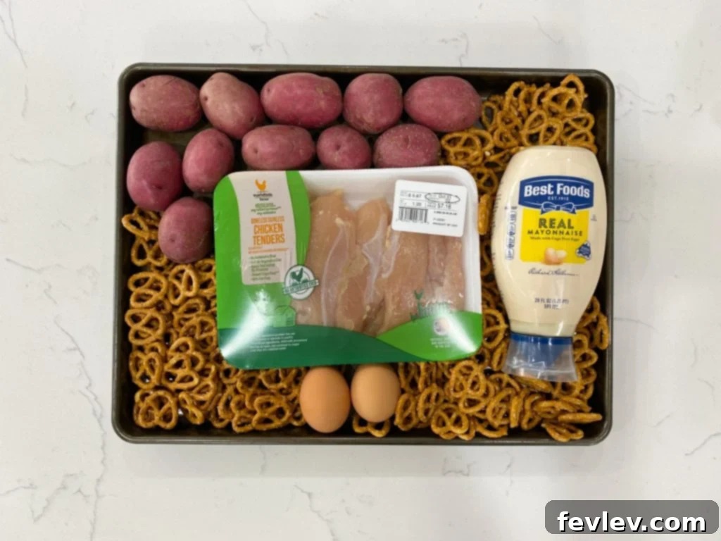 Sheet Pan Crispy Pretzel Chicken with Honey Mustard Potatoes 2 Crispy Pretzel Crusted Chicken with Honey Mustard Potatoes on a Sheet Pan