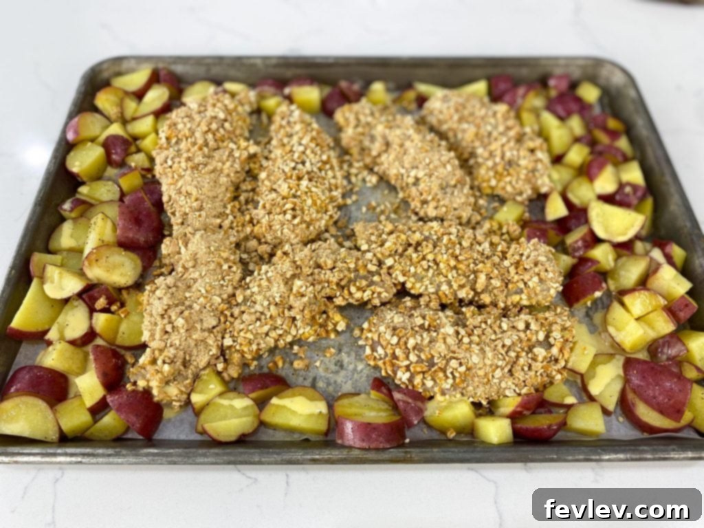 Sheet Pan Crispy Pretzel Chicken with Honey Mustard Potatoes 3 Ingredients laid out for Pretzel Crusted Chicken and Honey Mustard