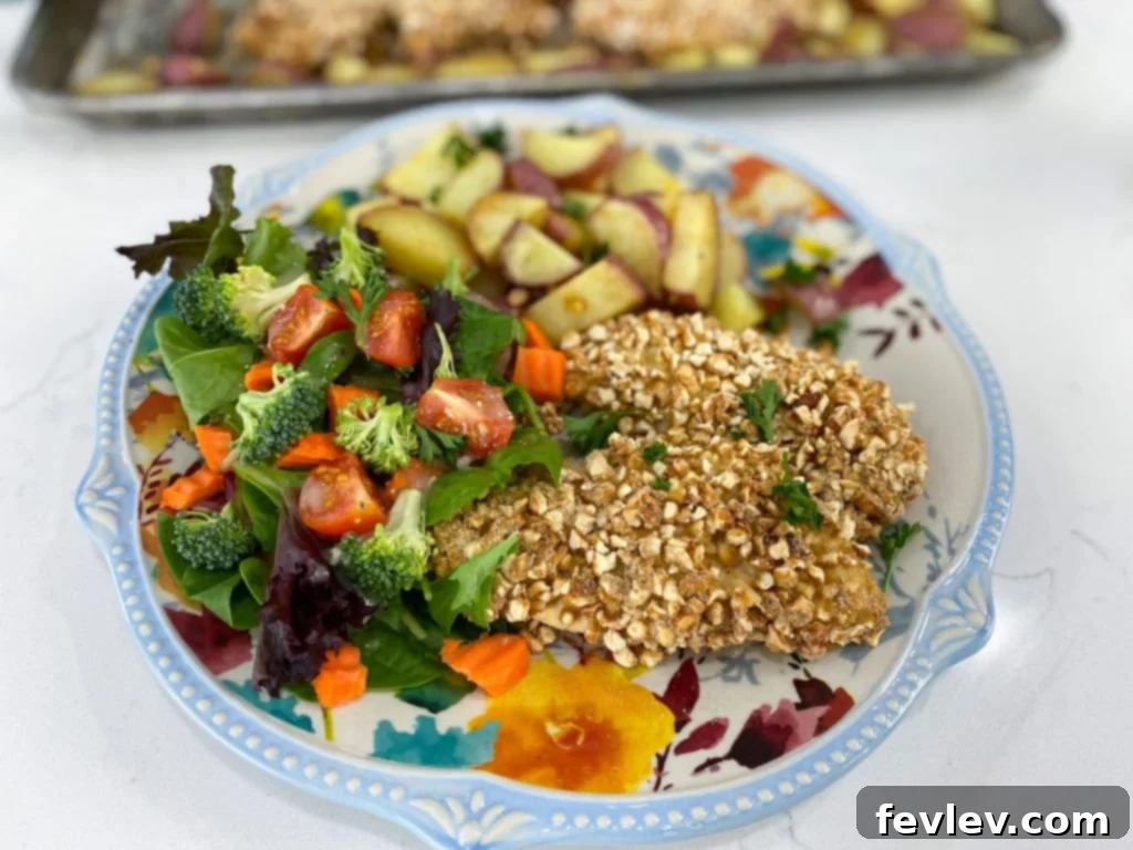 Sheet Pan Crispy Pretzel Chicken with Honey Mustard Potatoes 4 Pretzel Crusted Chicken and Honey Mustard Potatoes plated