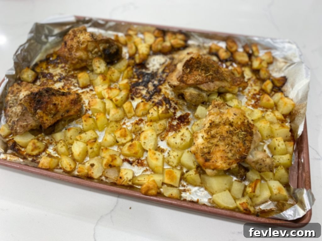 Zesty Greek Sheet Pan Chicken and Crispy Potatoes 3 Prepped ingredients for Sheet Pan Greek Chicken Thighs ready for roasting