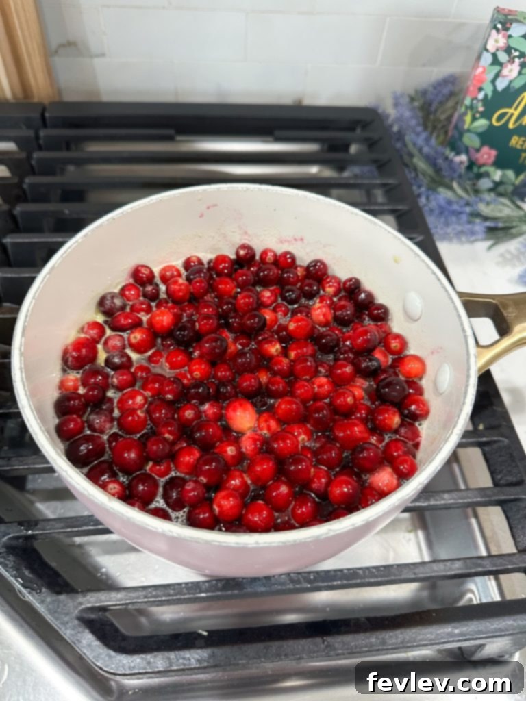 Cranberries simmering in orange juice and sugar, bursting open