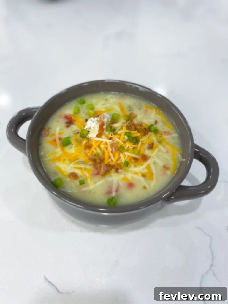 Thrifty and Flavorful Potato Soup 3 Close-up of a creamy cheap potato soup in a bowl with a spoon