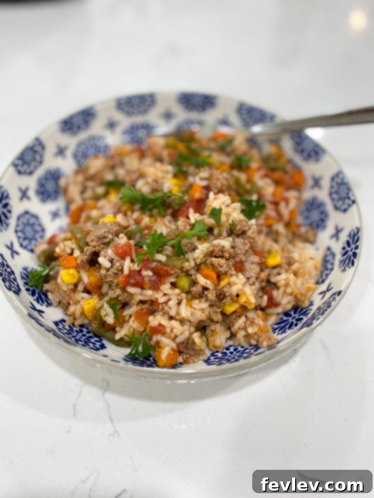 Close-up of the delicious and hearty ground turkey and rice skillet meal.