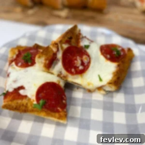 French Bread Pizza, golden brown with melted cheese and pepperoni