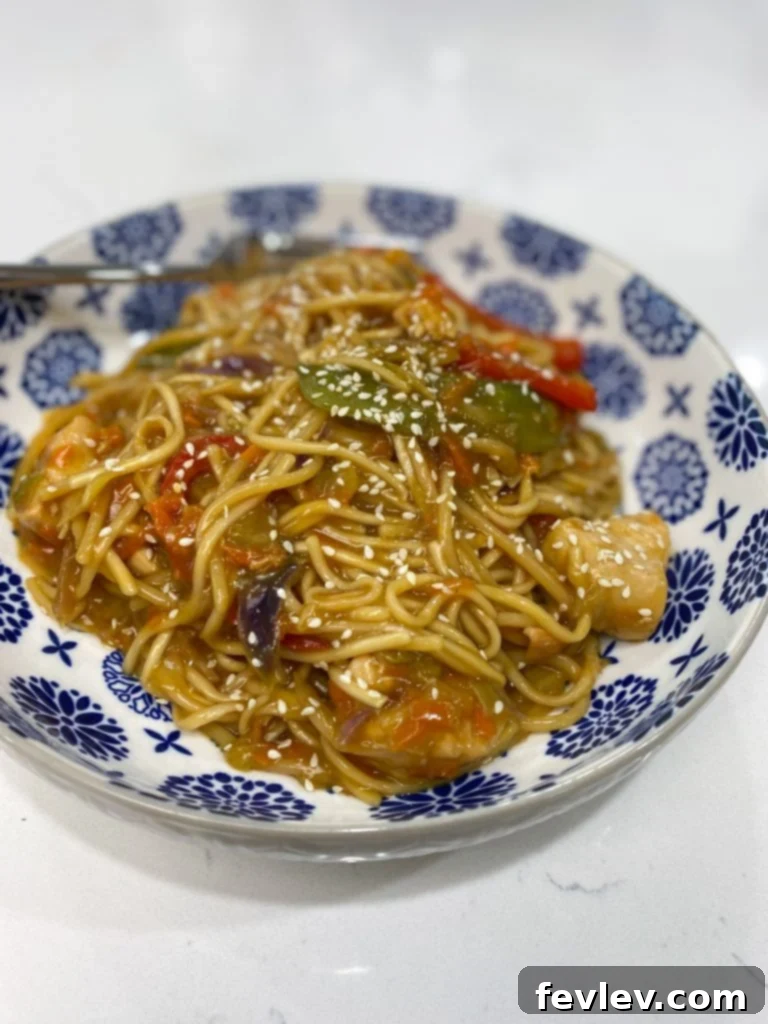Delicious homemade chicken chow mein with vibrant vegetables