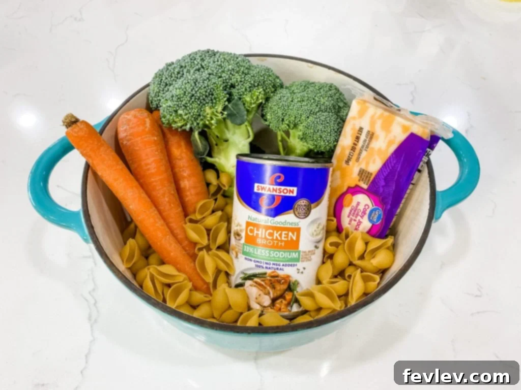 A vibrant close-up of Cheesy Chicken and Broccoli Pasta served in a bowl, showcasing the creamy sauce, tender chicken pieces, bright green broccoli florets, and shell pasta, garnished with fresh parsley.