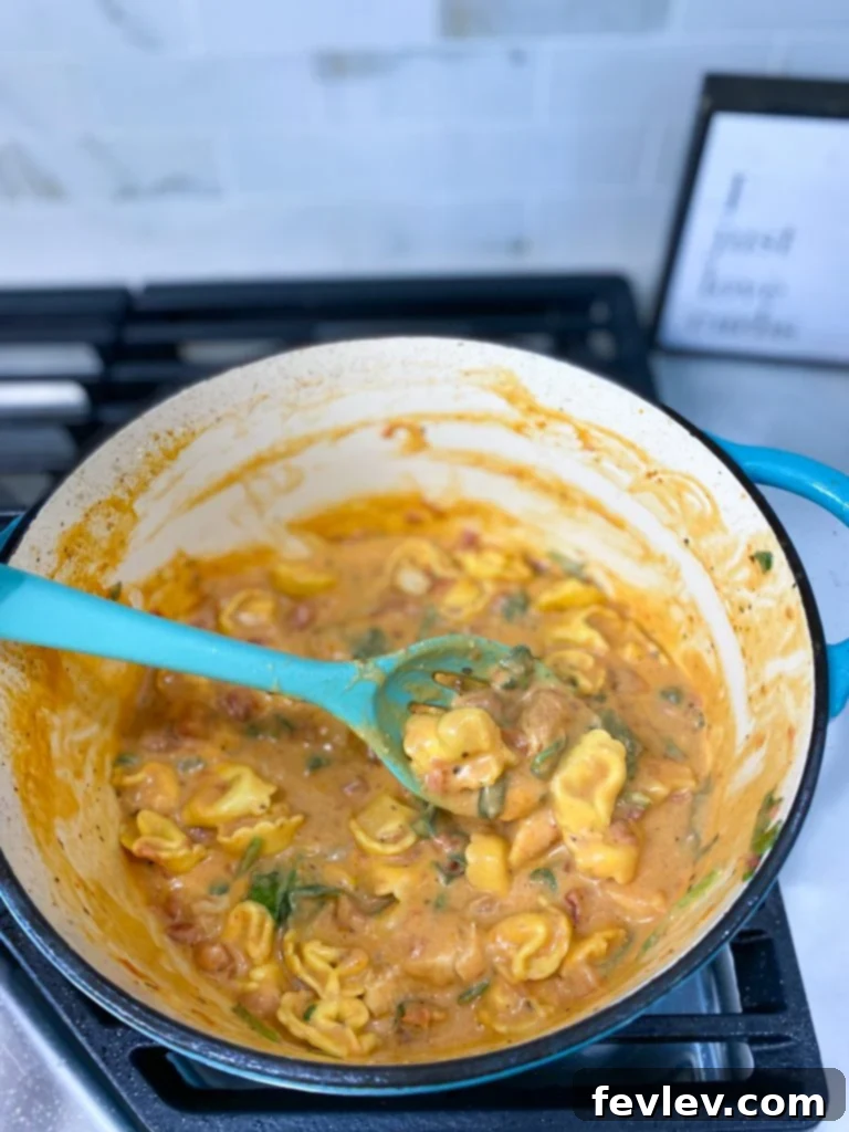 Close-up of creamy Sun-Dried Tomato Tortellini with spinach and melted cheese