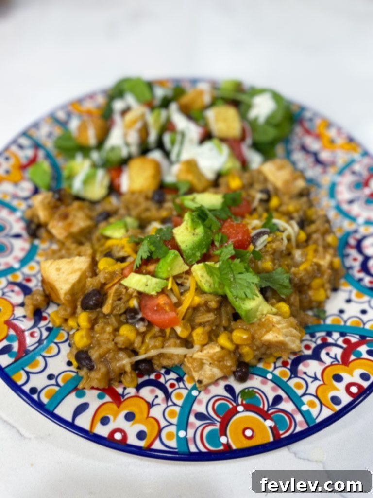 A beautifully plated serving of Cowboy BBQ Chicken and Rice in a rustic bowl, garnished with fresh cilantro and lime wedges.