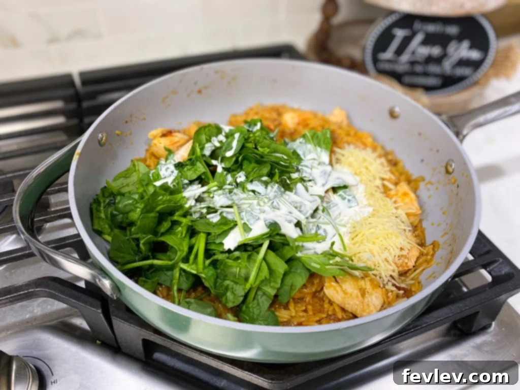 close-up of Cajun chicken orzo in a skillet