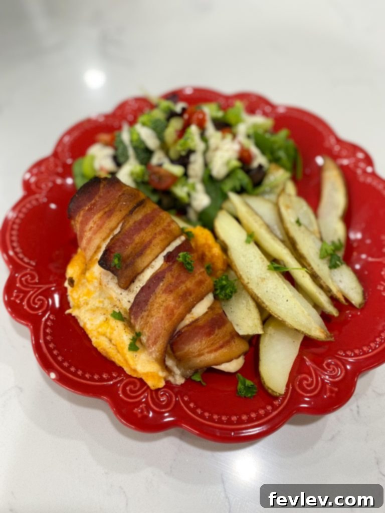 A serving of Bacon Wrapped Stuffed Chicken with Potatoes on a plate