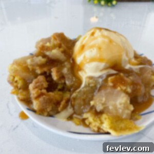 Close-up of a slice of Apple Dump Cake with a scoop of ice cream