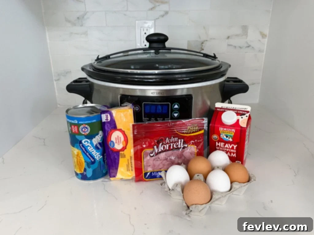 Slow Cooker Ham & Biscuit Casserole - A hearty breakfast dish with ham, cheese, and biscuits in a creamy sauce, topped with green onions.