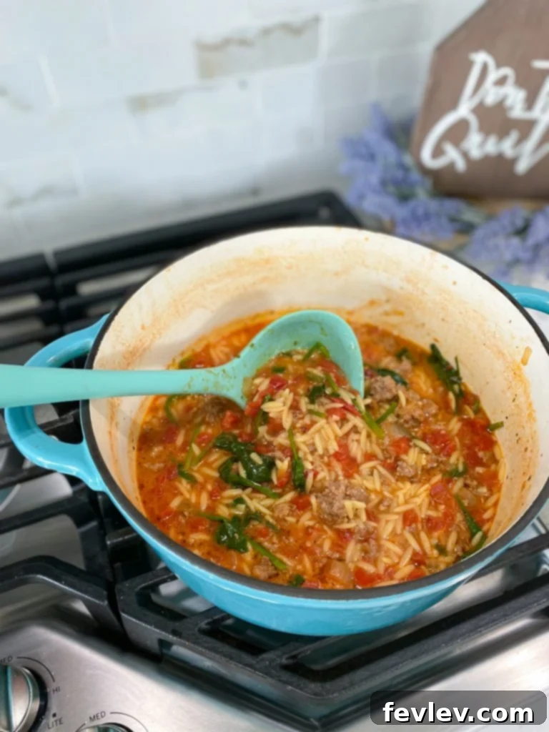 Comforting Sausage Orzo Soup 3 Overhead shot of a rustic bowl of Sausage Orzo Soup with a serving spoon