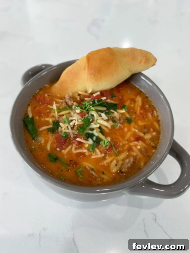 Comforting Sausage Orzo Soup 4 Sausage Orzo Soup in a cozy setting, garnished with grated Parmesan cheese