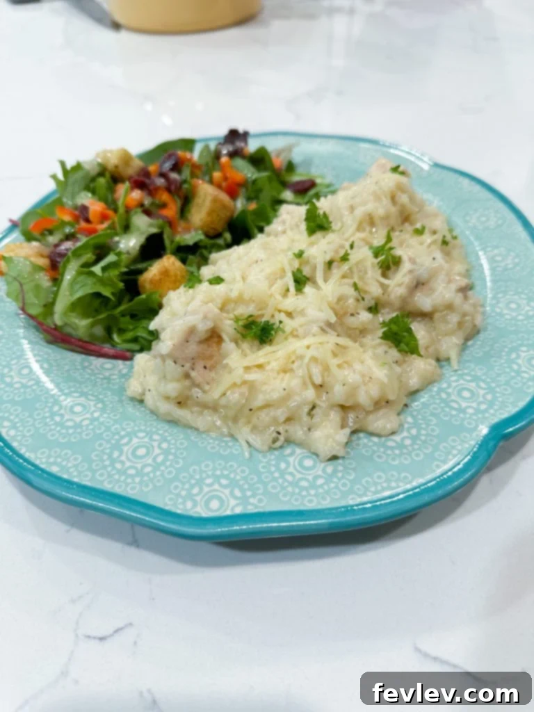 Tuscan Chicken and Rice Bake 2 A steaming bowl of creamy Italian chicken and rice, garnished with fresh parsley.