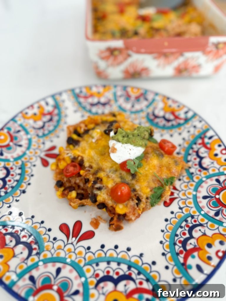 Zesty Fiesta Veggie Bake 4 A serving of Vegetarian Mexican Casserole topped with fresh avocado and cilantro.
