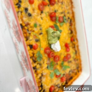Final plated Vegetarian Mexican Casserole with fresh toppings.