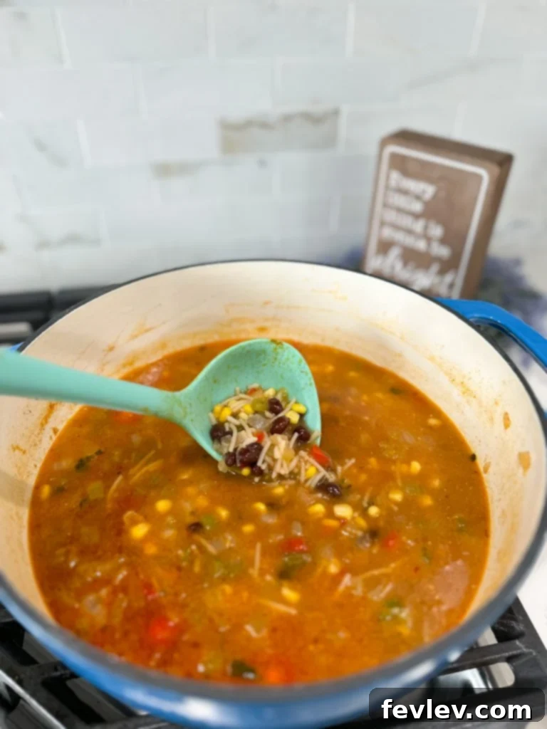 Delicious bowl of Spanish Rice Soup, perfectly garnished with fresh avocado, sour cream, and lime.