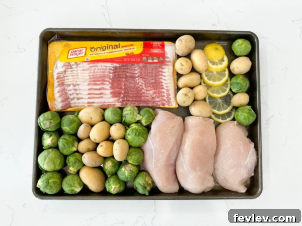 Delicious Sheet Pan Balsamic Chicken with Roasted Brussels Sprouts and Crispy Bacon Potatoes ready to serve