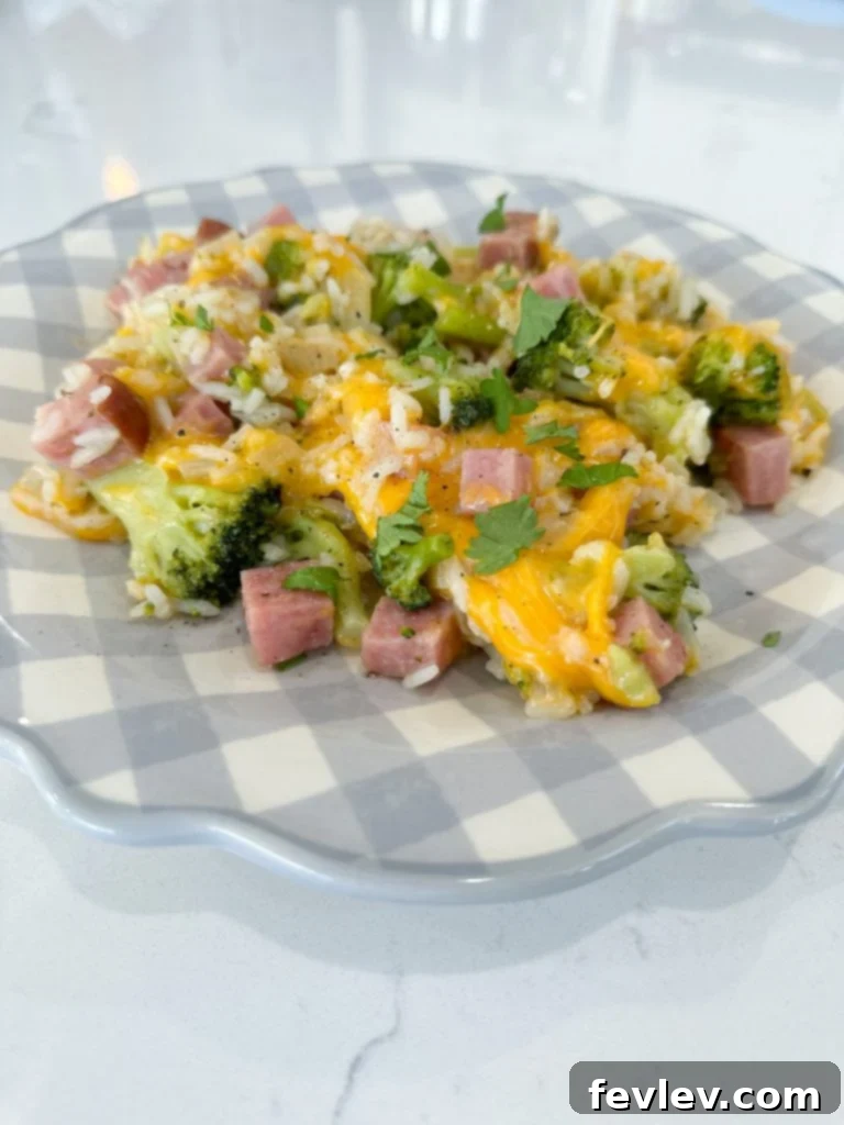 Close-up of ingredients for Ham, Rice, and Broccoli Skillet, including ham, rice, and fresh broccoli