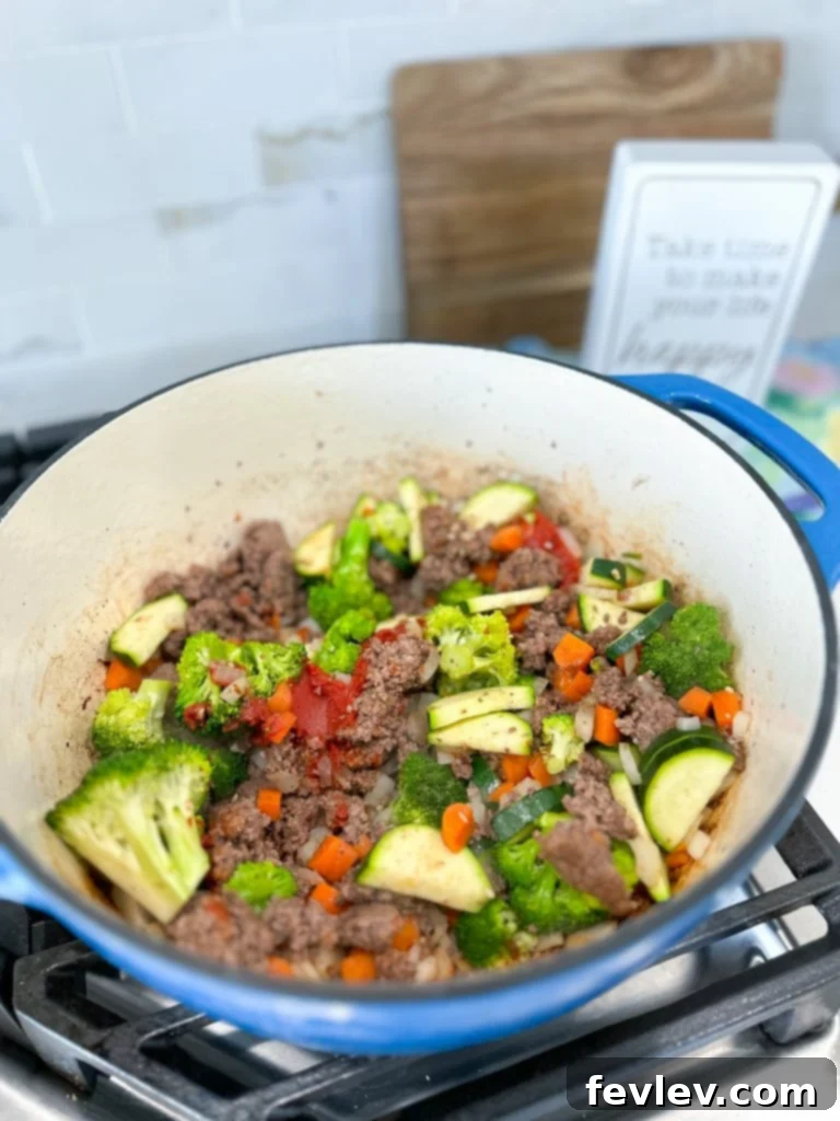 Hearty Italian Beef and Veggie Skillet 2 A savory Italian Ground Beef and Vegetable Skillet, perfect for a quick and healthy dinner. Features browned ground beef mixed with vibrant broccoli, carrots, zucchini, and onions, all seasoned with Italian herbs.