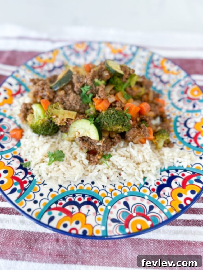 Hearty Italian Beef and Veggie Skillet 3 Close-up of the Italian Ground Beef and Vegetable Skillet in a pan, showcasing the rich flavors and tender vegetables. Perfect for a busy weeknight.