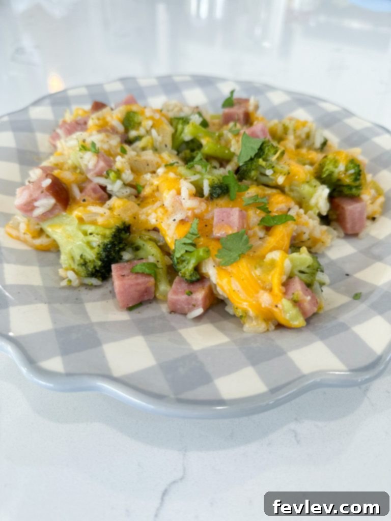 Ingredients for Ham, Rice, and Broccoli Skillet on a cutting board