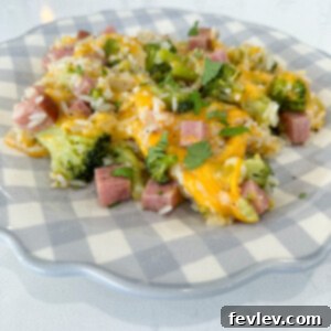 A deliciously creamy Ham, Rice, and Broccoli Skillet, garnished and ready to be served for a quick family dinner.