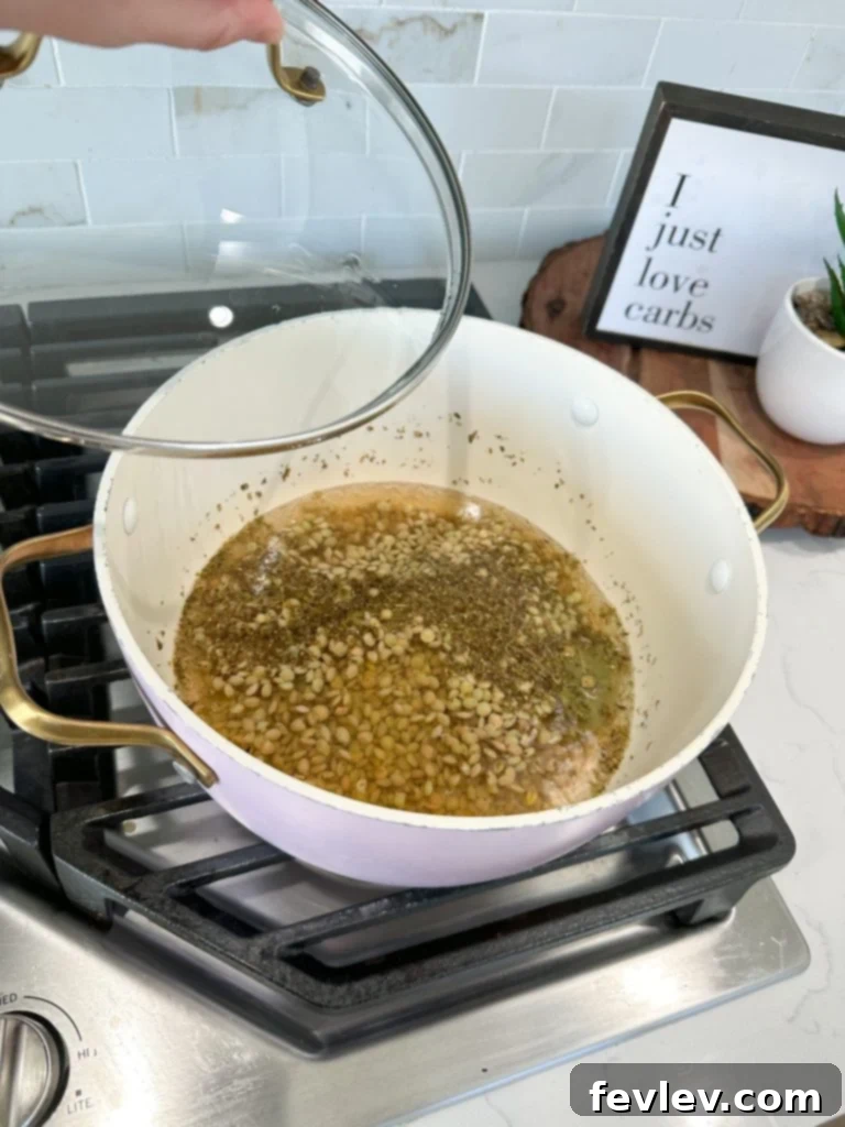 Close-up of uncooked dry lentils, ready to be prepared for the spaghetti.
