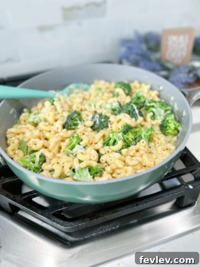 Creamy White Mac and Broccoli 2 Creamy White Mac and Cheese with vibrant green broccoli florets, ready to be served.