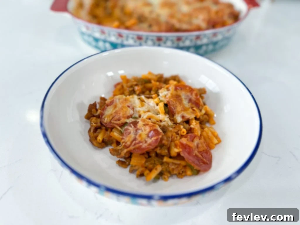 Baked Macaroni and Cheese Pizza Casserole, fresh from the oven