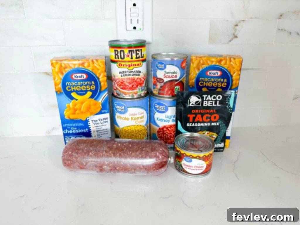 Fiesta Macaroni Bake 2 Creamy Southwest Mexican Macaroni and Cheese Casserole with seasoned beef and beans