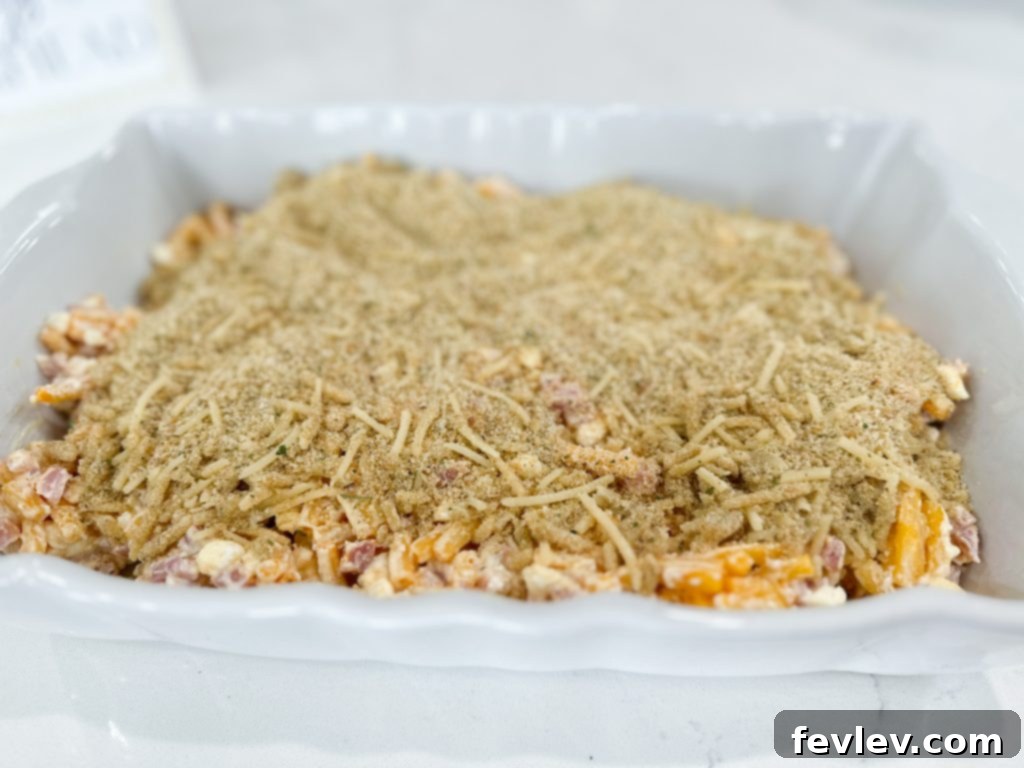 Close-up of the gooey, cheesy interior of Ham Macaroni and Cheese