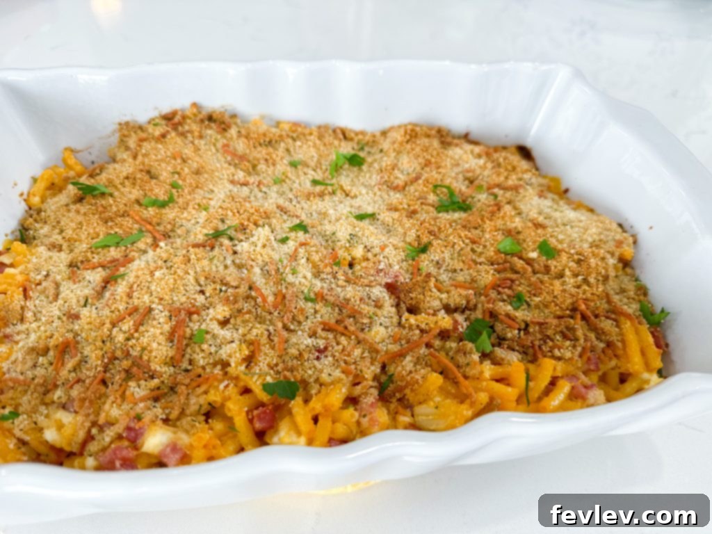 Golden brown breadcrumb topping on Cheesy Ham Macaroni and Cheese Casserole