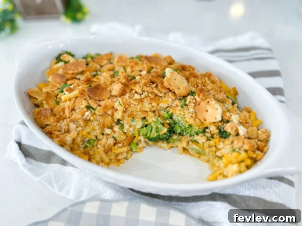 Overhead view of a Chicken and Broccoli Macaroni Cheesy Casserole with the crispy cracker topping.