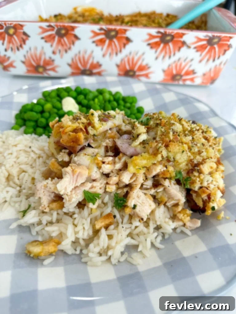 Close-up of baked Chicken Cordon Bleu Casserole