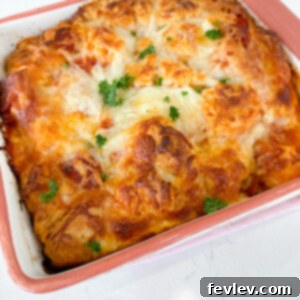 Italian Sub Casserole, golden brown and bubbling with melted cheese, fresh out of the oven