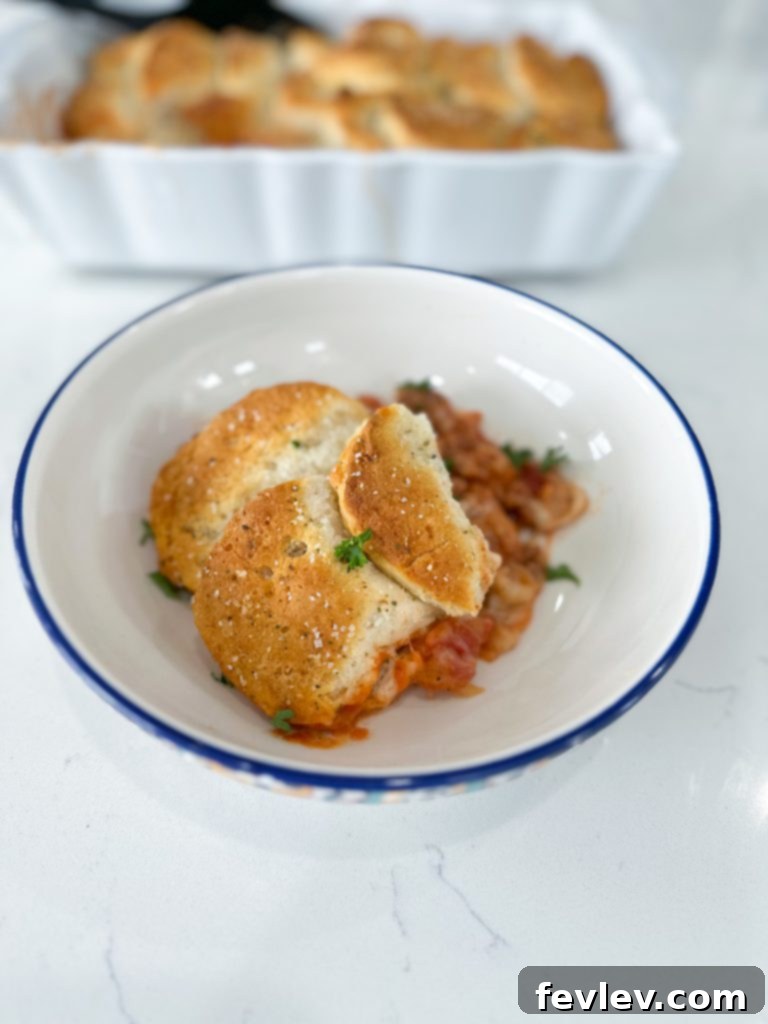 Another angle of the Italian Sausage Biscuit Casserole, showcasing texture
