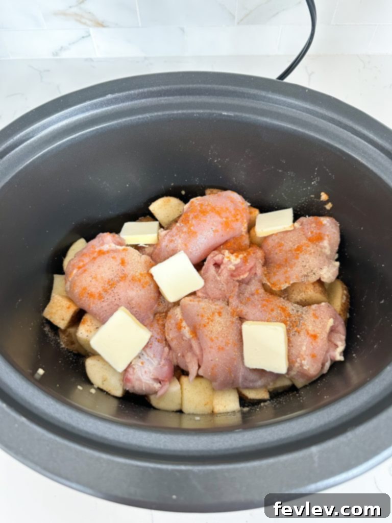 Close-up of seasoned chicken thighs and potatoes arranged in a slow cooker.