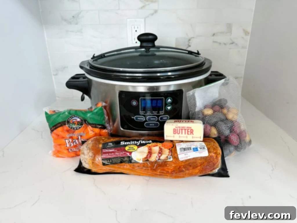 Melt-in-Your-Mouth Slow Cooker Pork Tenderloin 2 Perfectly cooked slow cooker pork tenderloin surrounded by tender baby potatoes and carrots, ready to be served on a platter.