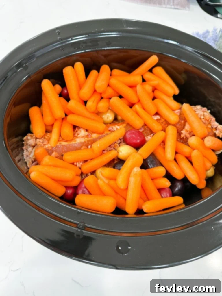 Melt-in-Your-Mouth Slow Cooker Pork Tenderloin 3 Raw pork tenderloin, baby potatoes, and carrots arranged neatly in a slow cooker, before seasoning.