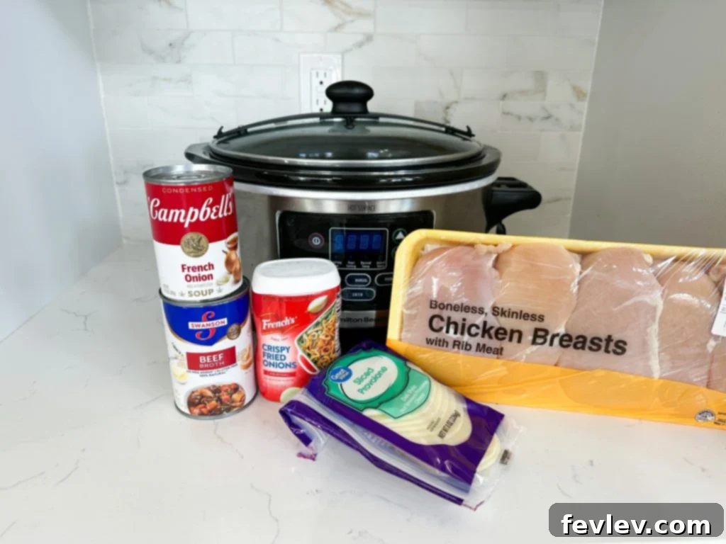 A steaming bowl of Slow Cooker French Onion Chicken and Rice, generously topped with melted provolone cheese and golden crispy fried onions, ready to be enjoyed.