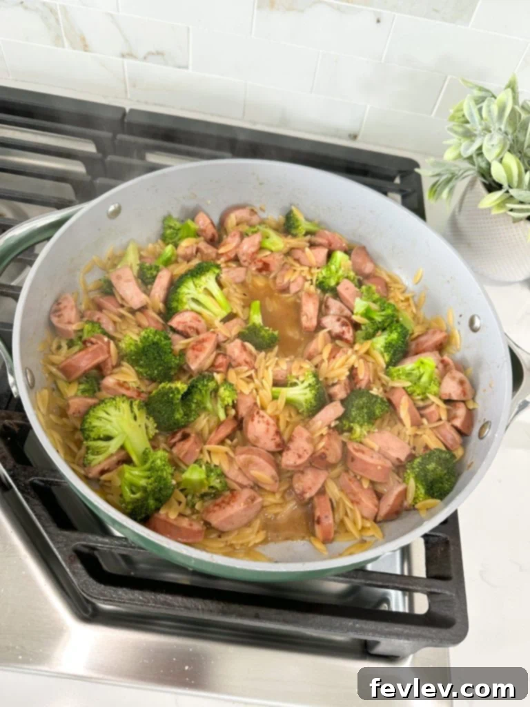 Adding uncooked orzo pasta and chicken broth to the skillet with sausage, garlic, and broccoli, ready to simmer.