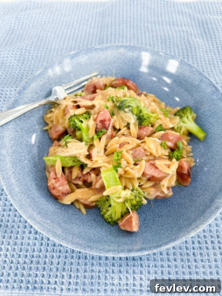Finished One-Pot Chicken Sausage Orzo Skillet with Broccoli, garnished with fresh parsley, ready to be served.