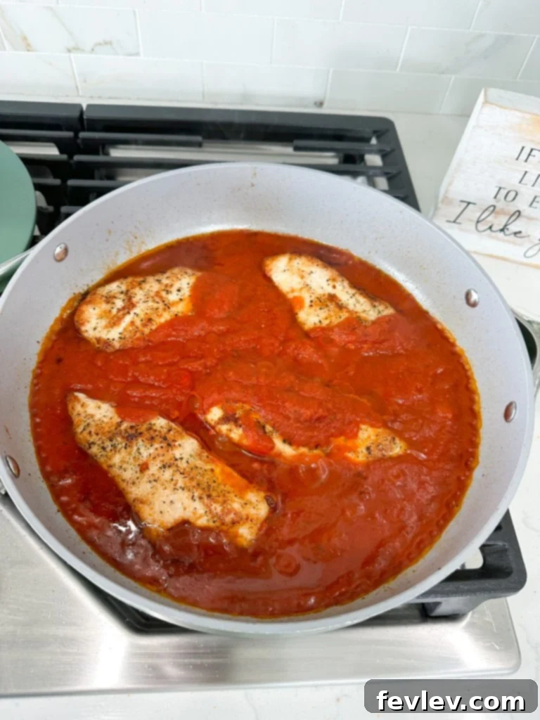 Chicken breasts simmering in a rich marinara sauce in a covered skillet