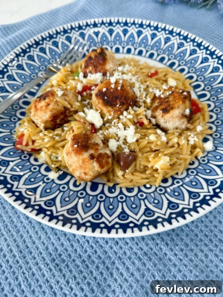 Plated Greek Turkey Meatballs with Orzo, ready to eat