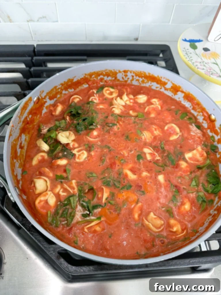 Finished creamy tortellini with spinach and parmesan in a skillet