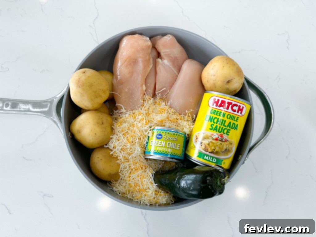 green chile chicken and potatoes in a skillet, ready to serve