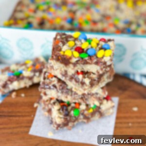Gooey Fudge Oat Bars 2 Delicious Fudge Filled Oat Bars with a fudgy center and M&Ms on top, cut into squares.